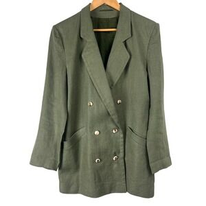 Vintage Olive Green 100% Linen Double Breasted Blazer Jacket Women 36 Us 6